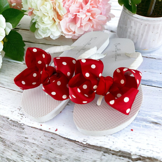 White & Red Polka Dot Bow Flip Flops - Choose Your Ribbon Color