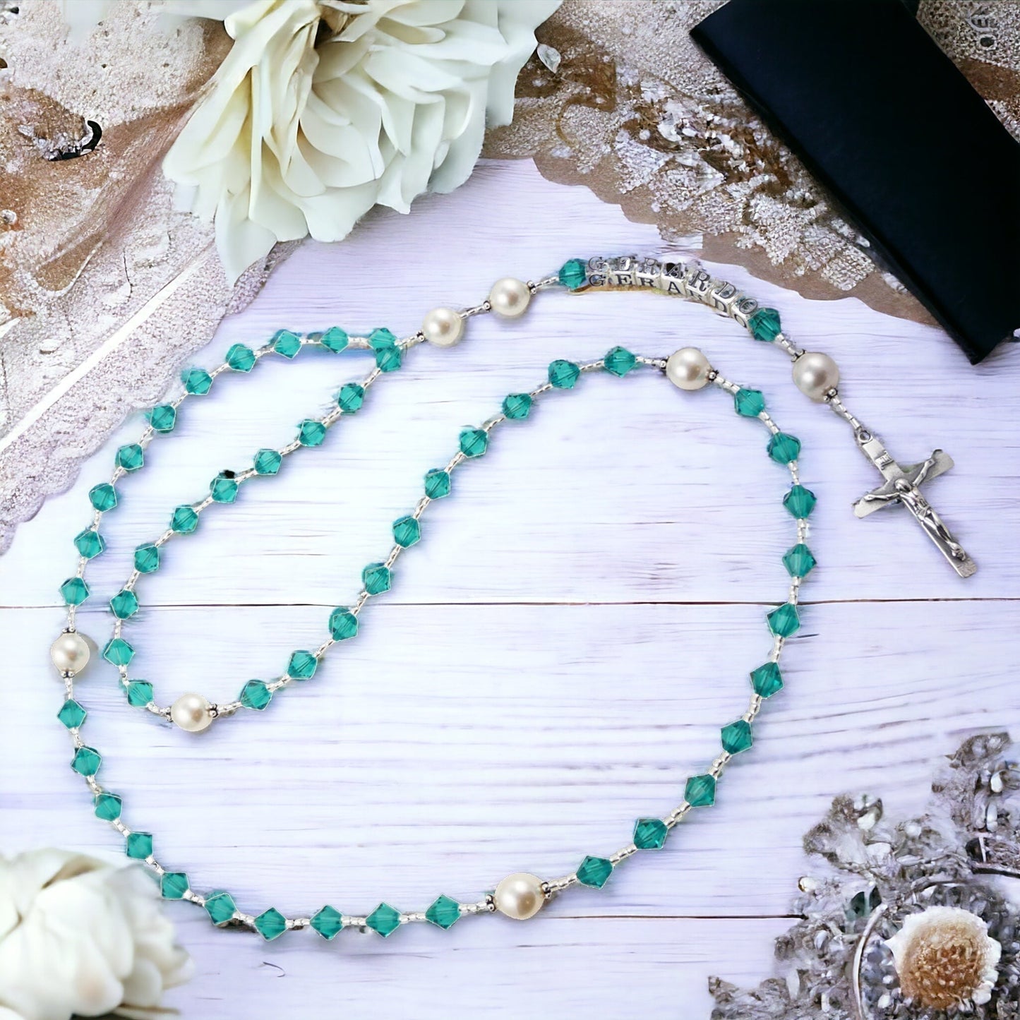 White Opal Crystal & Pearl Customizable Rosary, Prayer Beads, Baptism or First Communion Wedding Gift