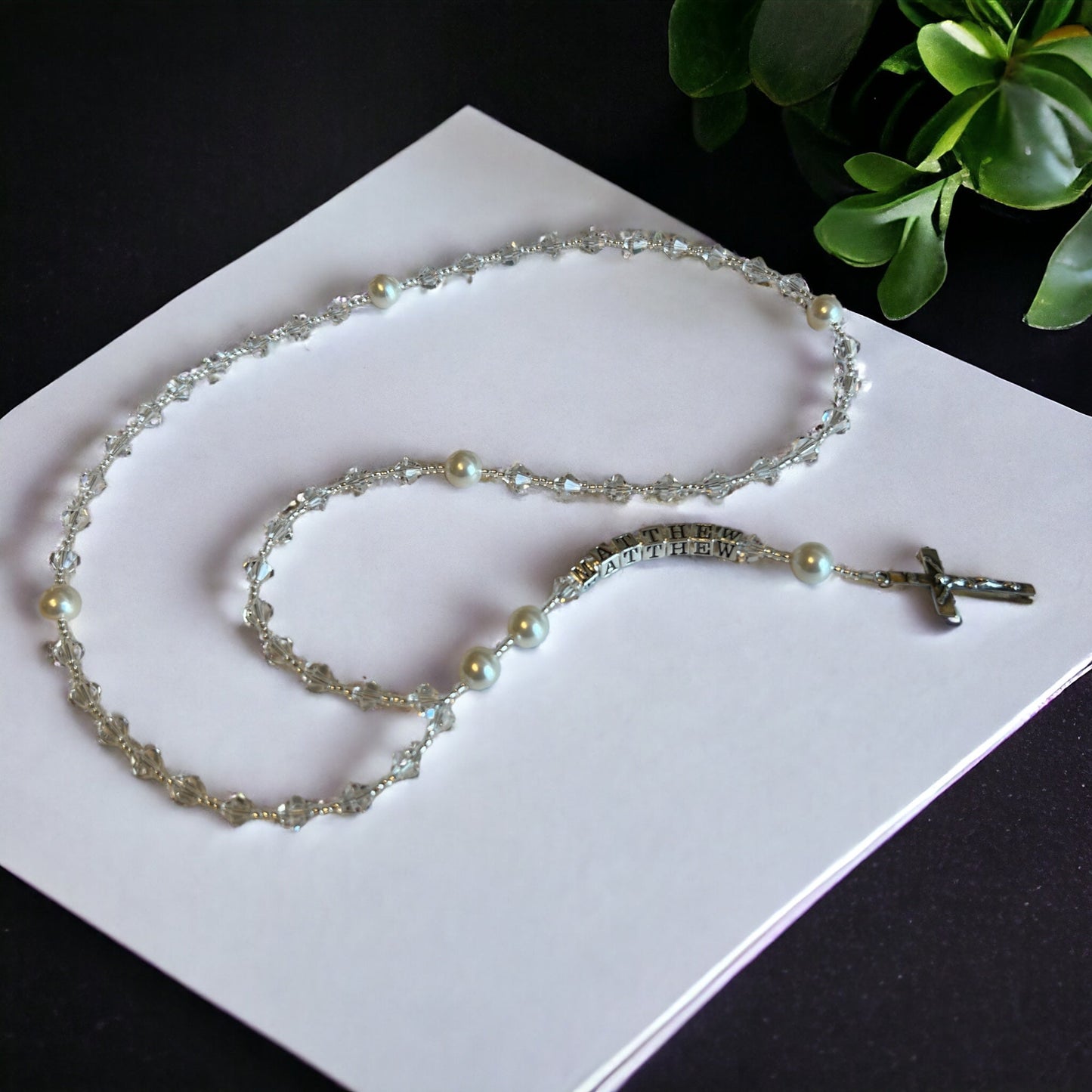 Sterling Silver Birthstone Rosary, Crystal & Pearl, First Communion Baptism Gift