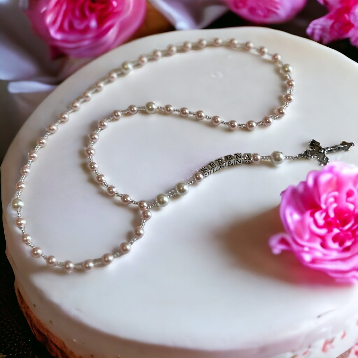 Crystal Pearl and Sterling Silver Personalized Rosary, First Communion Gift
