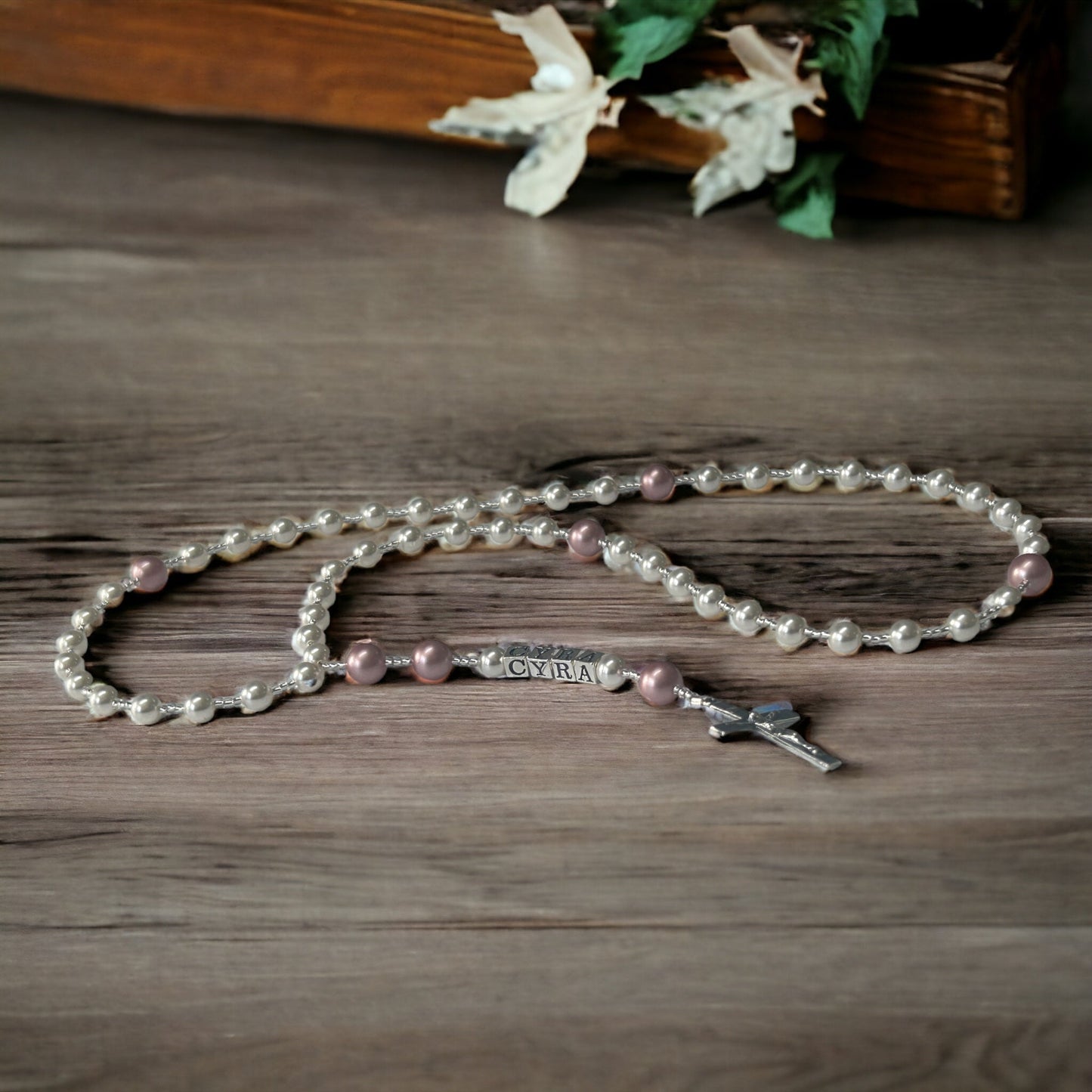 Crystal Pearl and Sterling Silver Personalized Rosary, First Communion Gift