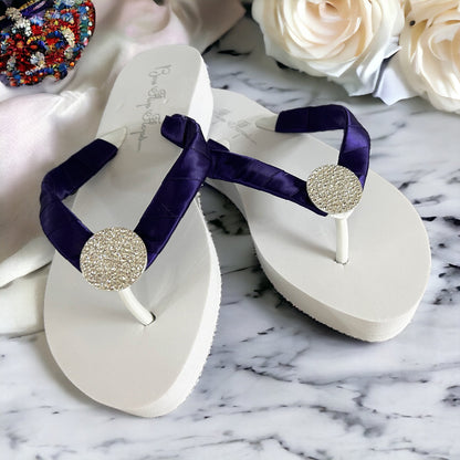 Vintage Flower Rhinestone Embellishment Flip Flops with White 2 Inch Heel