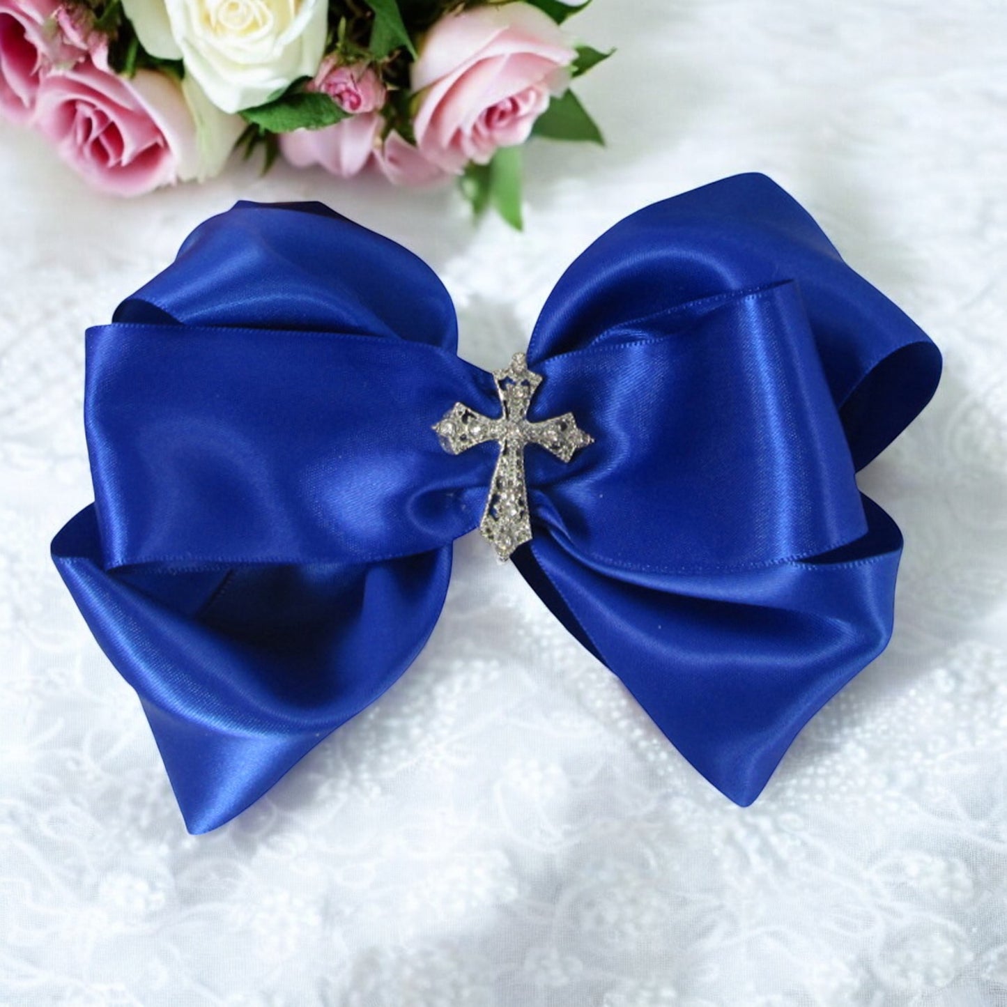 White Cross Rhinestone Hair Bow Clip, Baby or Big Girl, Baptism, Communion