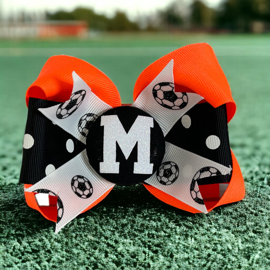 Personalized Glitter Soccer Hair Bow Clip for Girls, Neon Orange Black White or Choose Colors