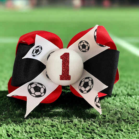 Soccer Glitter Player Number Hair Bow, Red White Black or Choose Colors