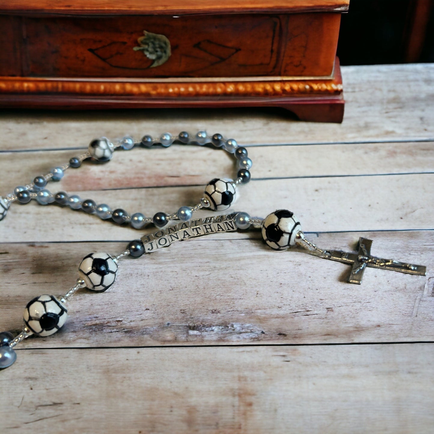 Football Customized Rosary, Pearl, Personalized Name, Boys & Girls