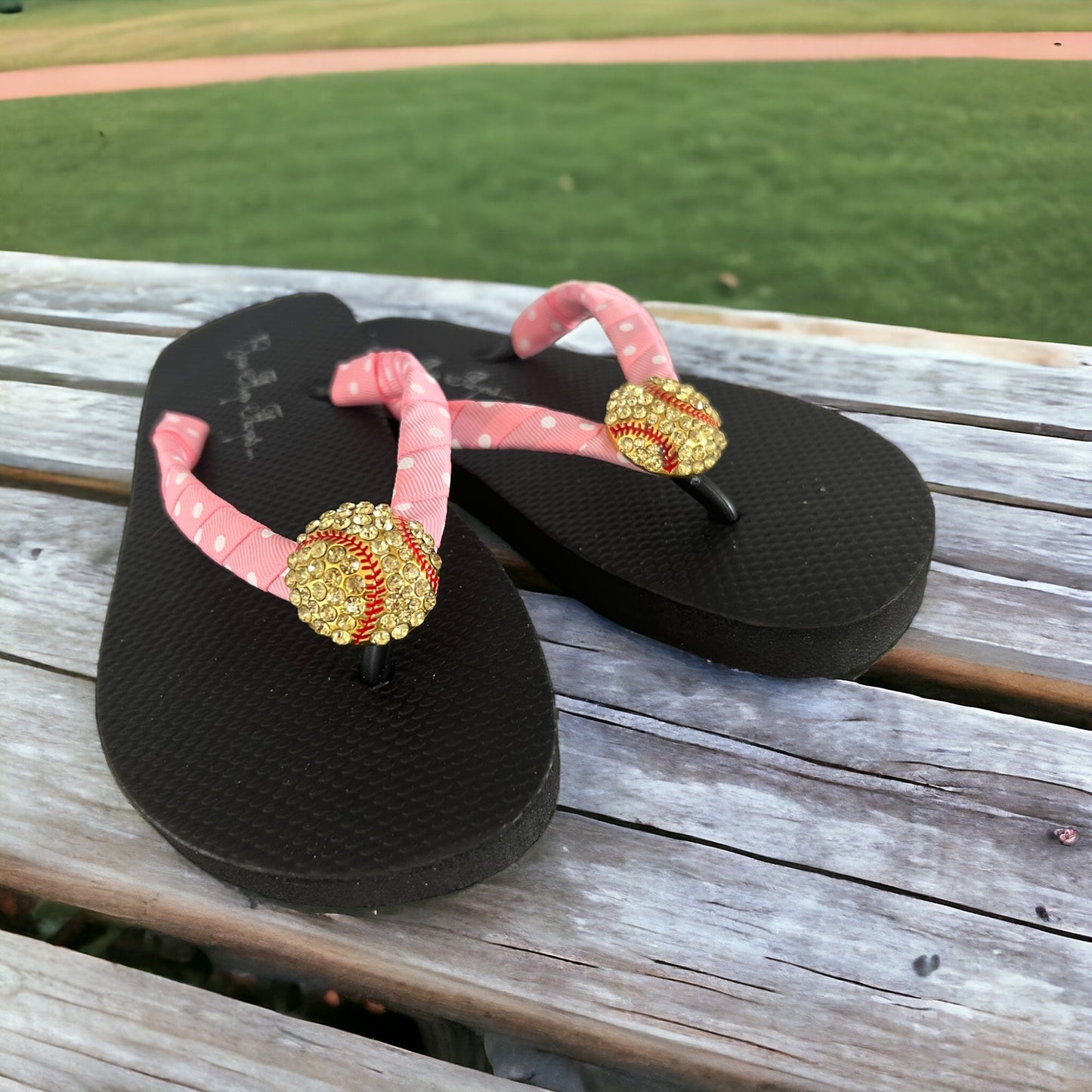Cute Bling Softball Rhinestone Flip Flops, Ladies & Girls, Choose Ribbon Color