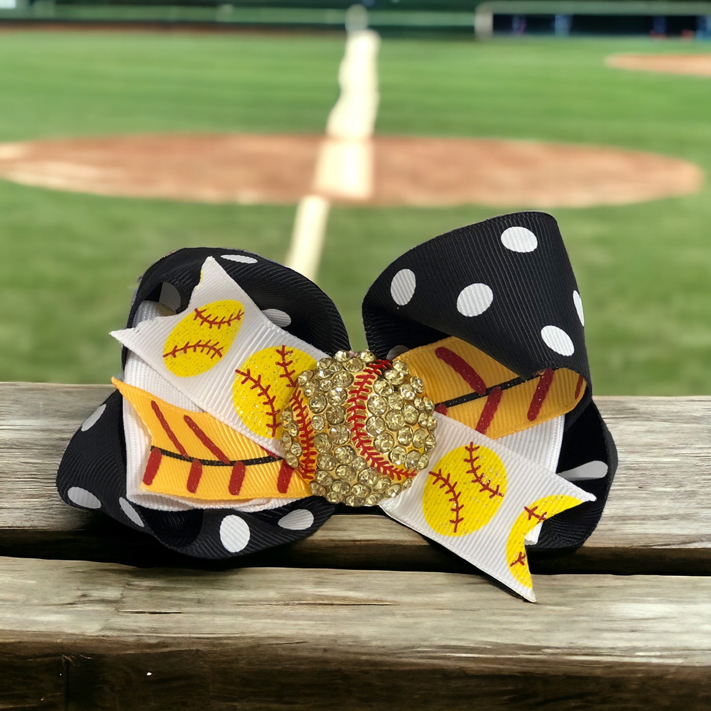 Softball Glitter Hair Bow Clip with Rhinestone Ball