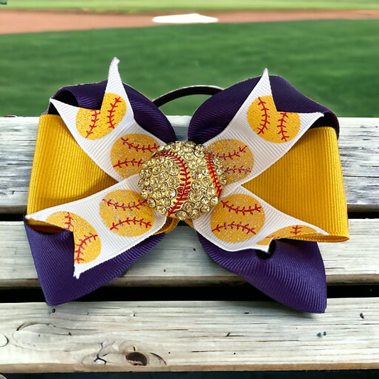 Softball Rhinestone Glitter Ribbon Hair Bow - Customize Girls Team Colors