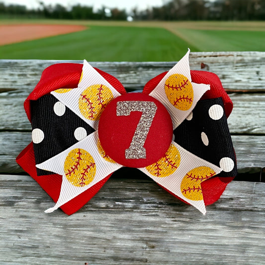 Glittery Sports Ribbon Hair Ponytail Clip - Match Team - Red Black Softball