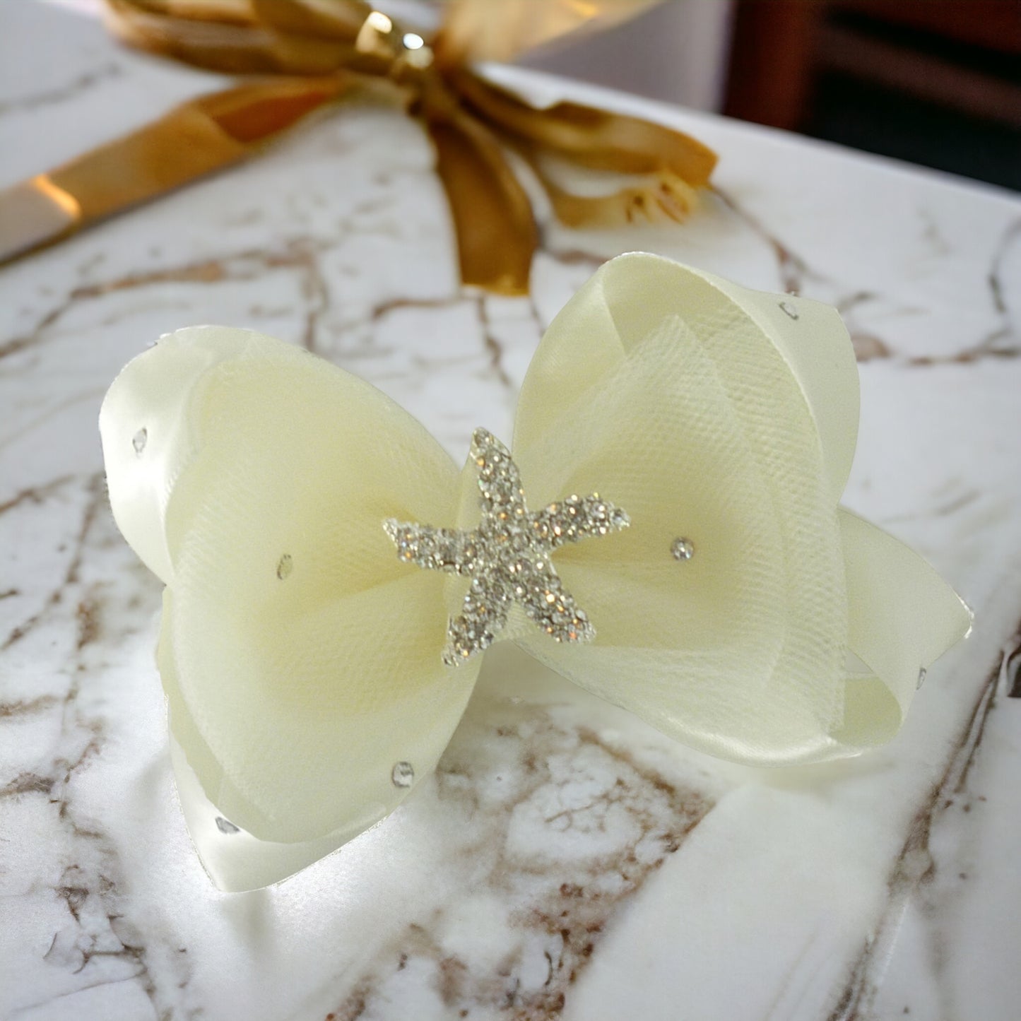 Starfish Flower Girl Hair Bow with Tulle Satin & Rhinestone Clip Ivory Medium