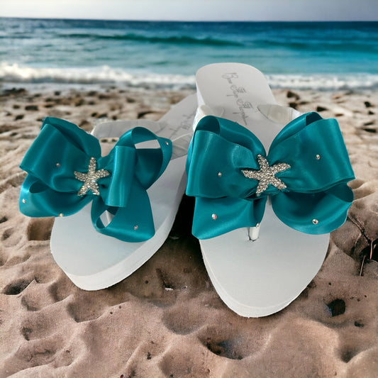 Starfish Turquoise Bow Flip Flops with Crystal Rhinestone Accents, White or Ivory