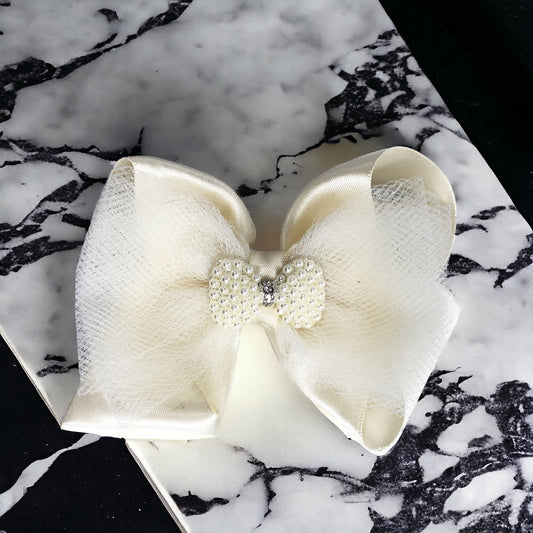 Pearl & Rhinestone Hair Bow with Satin and Tulle, Clip for Girls, Flower Girl, Baptism, Pictures, Medium
