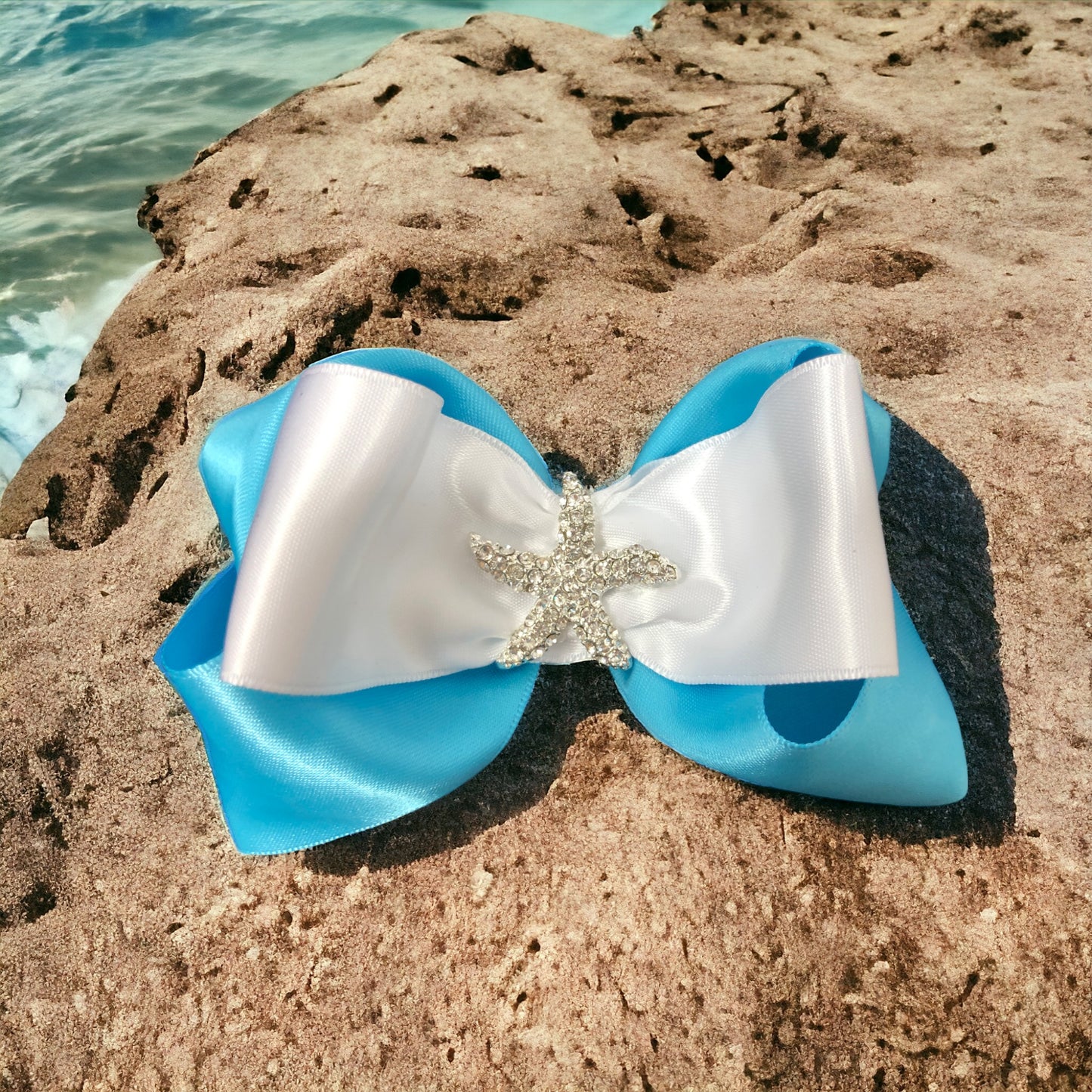 Starfish Rhinestone Hair Bow in Turquoise and White Satin