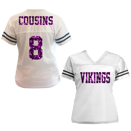 Vikings Cousins Glitter Football Jersey for Women, White & Purple