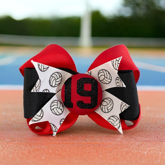 Glitter Number Volleyball Ribbon Bow with Number or Initial , Customized Colors