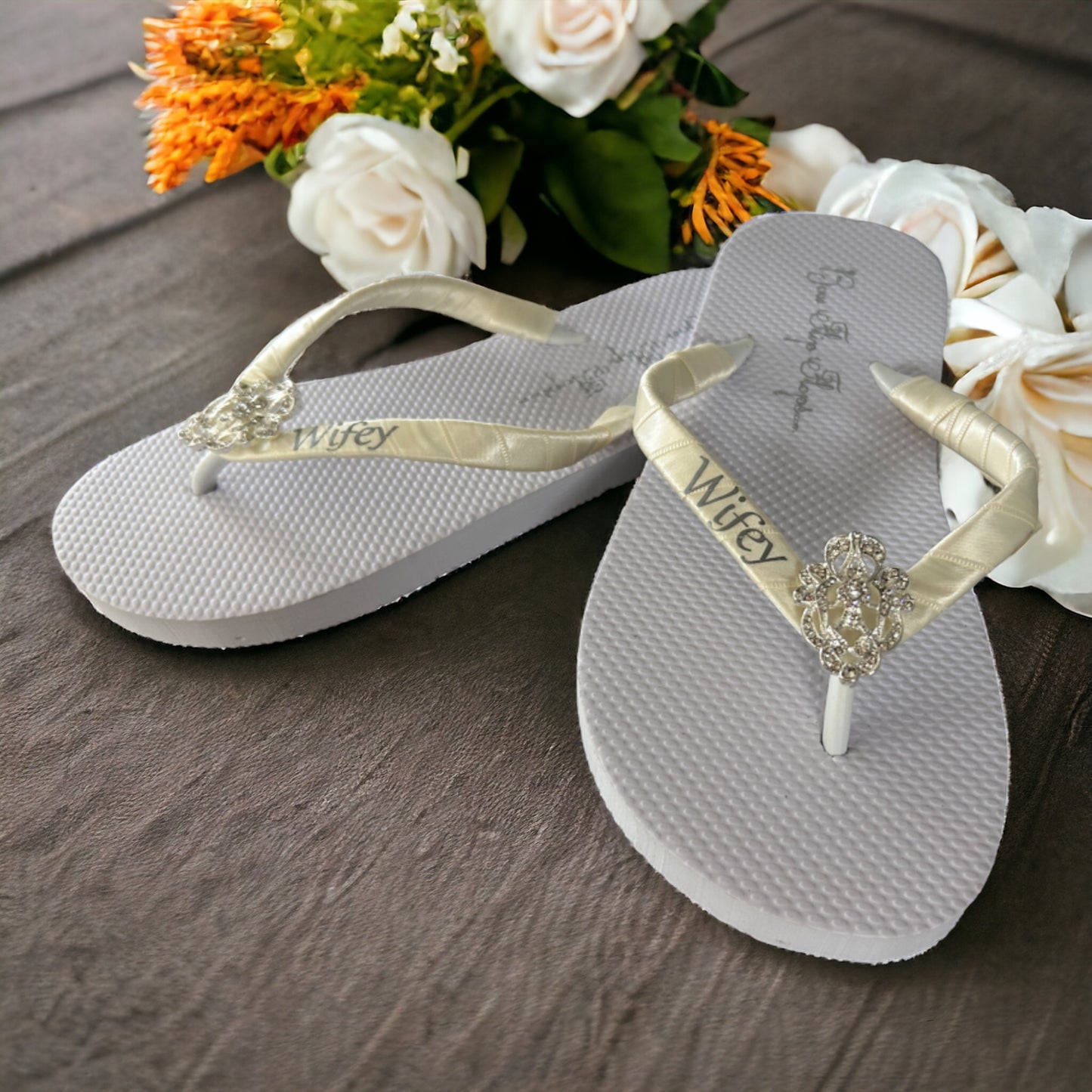 Wifey Flip Flops with Rhinestone Lace Embellishment , White Ivory & Silver
