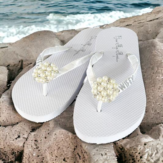 Wifey Glitter Strap Flip Flops with Pearl Rhinestone Embellishment Wedding Sandals