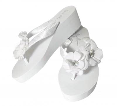 White Chiffon Pearl & Rhinestone Flower Flip Flops in 2 Inch Heel