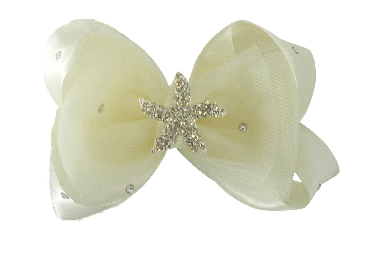 Starfish Flower Girl Hair Bow with Tulle Satin & Rhinestone Clip Ivory Medium