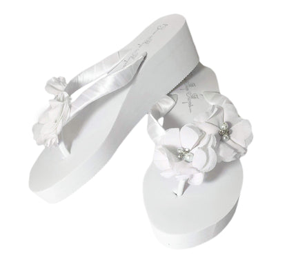 White Chiffon Pearl & Rhinestone Flower Flip Flops in 2 Inch Heel