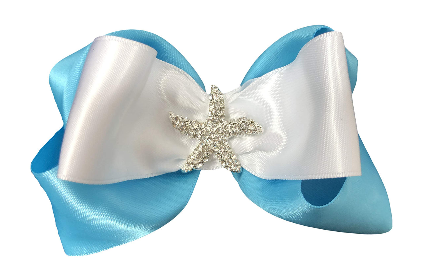 Starfish Rhinestone Hair Bow in Turquoise and White Satin