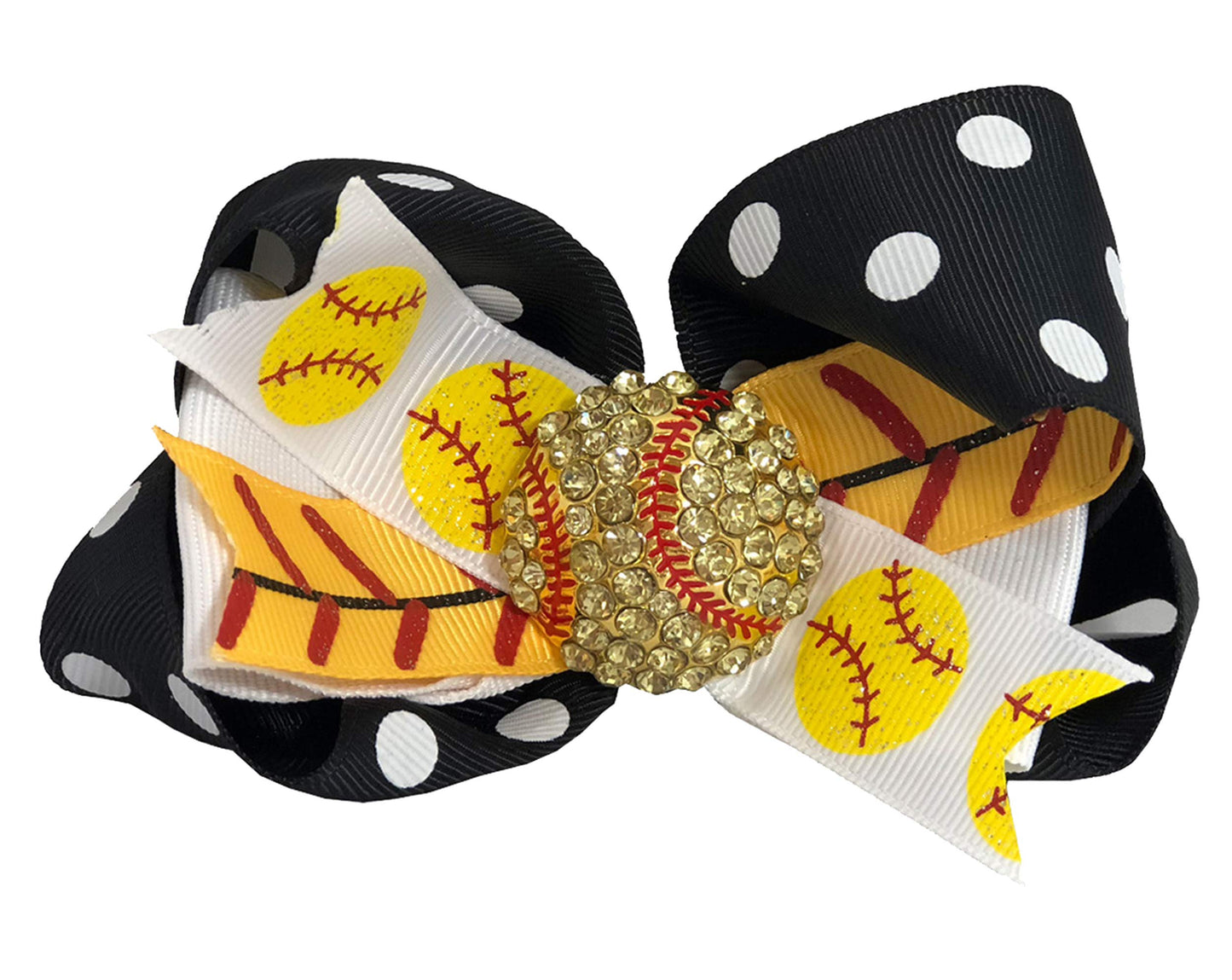 Softball Glitter Hair Bow Clip with Rhinestone Ball