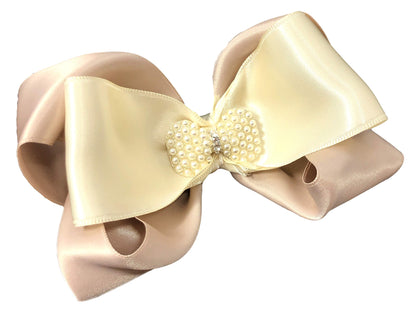 Champagne Ivory Pearl Hair Bow with Clip & Rhinestones Medium