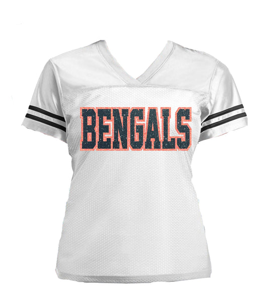 White Bengals Glitter Women's Football Jersey, Cincinnati Bling Shirt