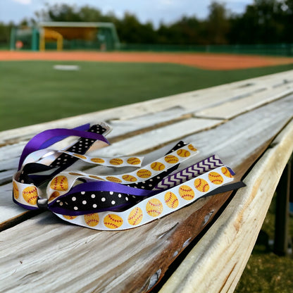 Softball Ponytail Bow in Red Polka, Gray Chevron, White Ribbons