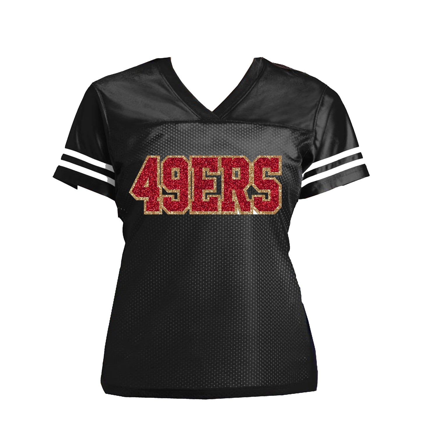 Black Red & Gold 49ers Glitter Women’s Jersey Shirt, San Francisco Niners
