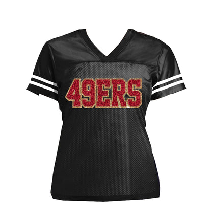 Black Red & Gold 49ers Glitter Women’s Jersey Shirt, San Francisco Niners