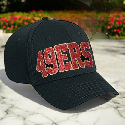 49ers Glitter Hat, Women's Cap for San Francisco Football in Black Gold Red Sparkle