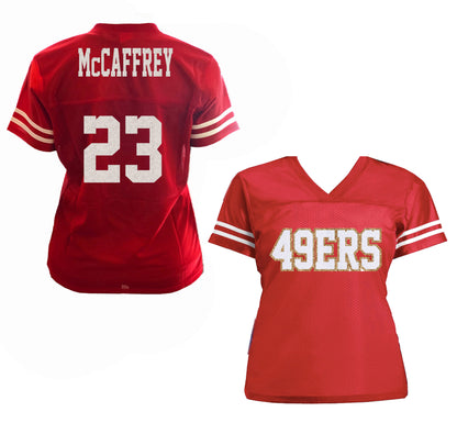 Black Jersey McCaffrey 49ers Glitter Jersey for Women, San Francisco Football Shirt Red Gold