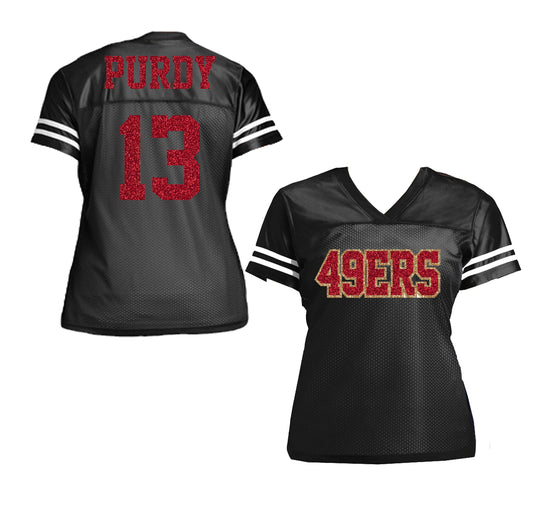 Black Red Gold Purdy 49ers Glitter Jersey for Women, Brock San Francisco Football Shirt