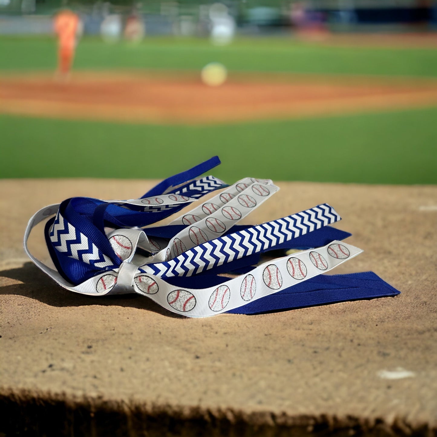 Softball Ponytail Bow in Red Polka, Gray Chevron, White Ribbons