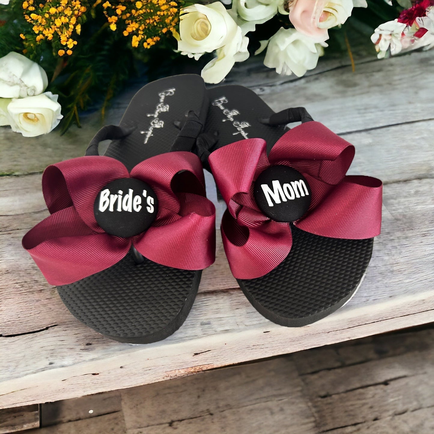 Black & Gold Bride's Mom Bow Flip Flops