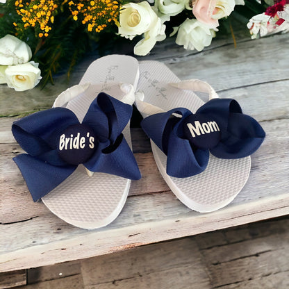 White Bow Groom's Mom Flip Flops with Gray