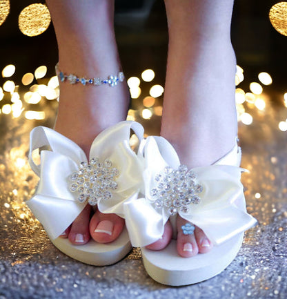 Red Satin Bow Flip Flops with Pearl & Rhinestone Embellishment - Choose Colors