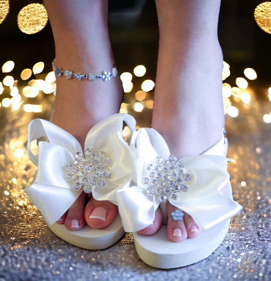 Large Jewel Satin Bow Flip Flop Sandals