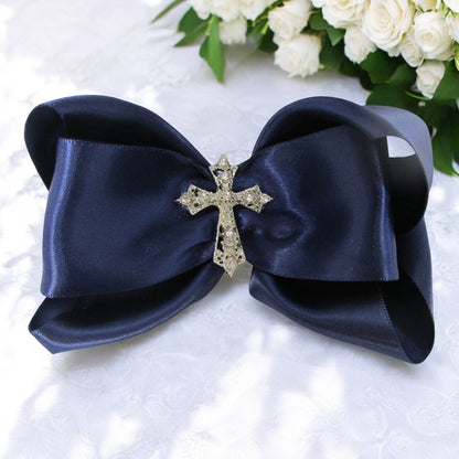Satin Cross Rhinestone Hair Bow Clip, Baby or Big Girl, Baptism, First Communion
