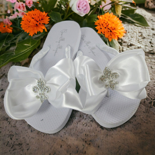 White Flat Flip Flops with Fleur de Lis Rhinestone Embellishment, Choose heel & Colors