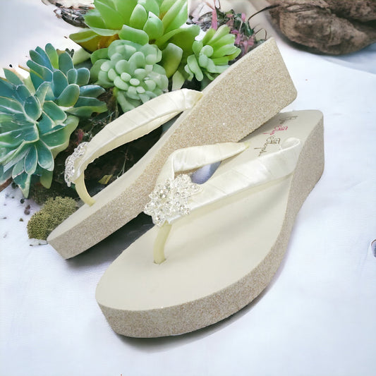 Vintage Flower Rhinestone Flip Flops with Champagne Glitter Wedge Heel on Ivory or White, Customizable