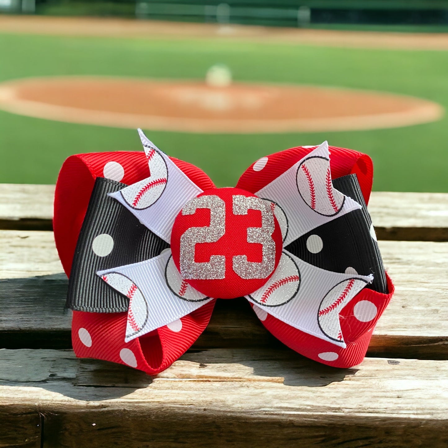 Glittery Sports Ribbon Hair Ponytail Clip - Match Team - Red Black Softball