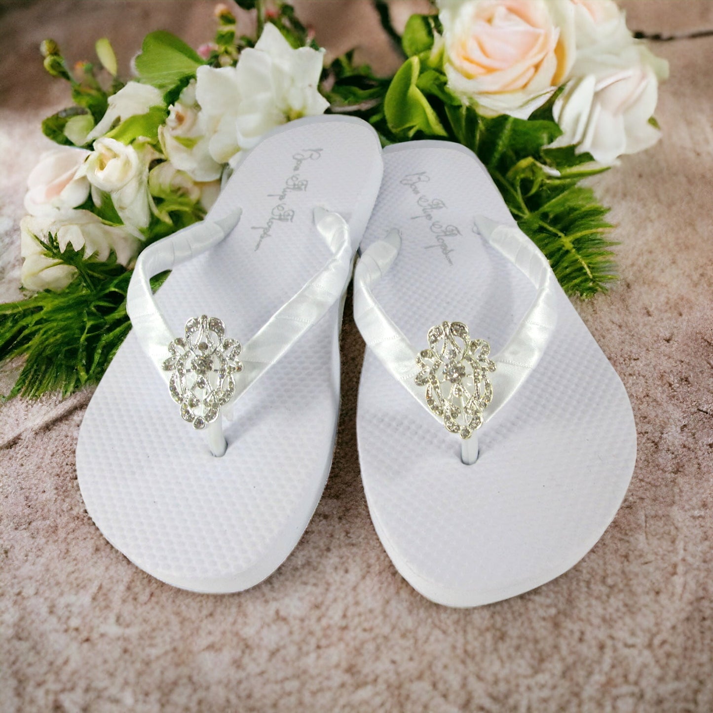 Vintage Flower Rhinestone Embellishment Flip Flops with White 2 Inch Heel