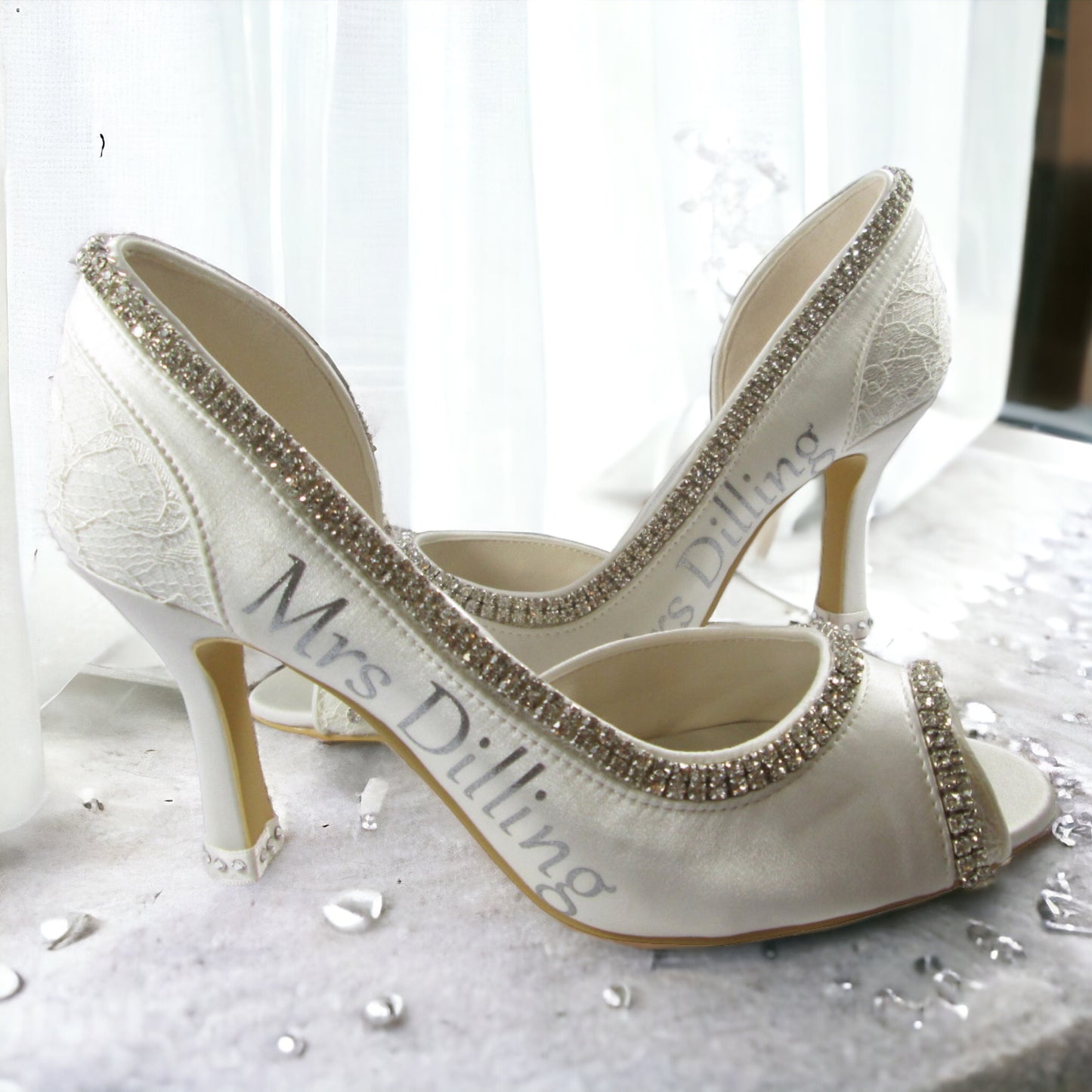 Lace & Satin Peep Toe Wedding Heels with Personalized Name & Date