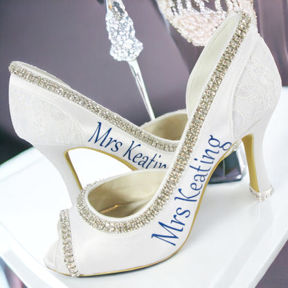 Mrs Wedding Date Bridal Pumps in White and Ivory Lace & Satin Peep Toe