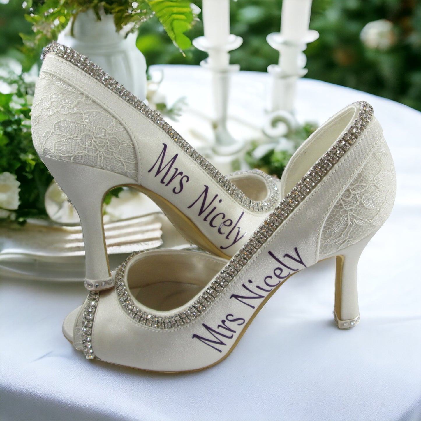 Lace & Satin Peep Toe Wedding Heels with Personalized Name & Date