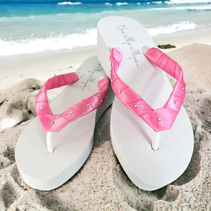 Hot Pink Swarovski Crystal Accent Satin Strap Wedge Flip Flops - Choose Colors & Heel Height