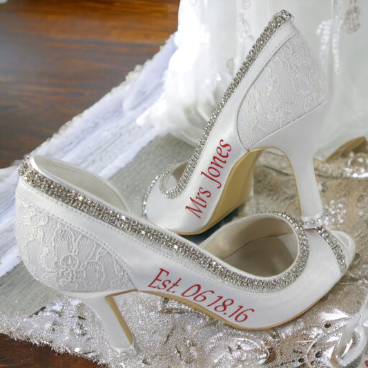 Mrs Wedding Date Bridal Pumps in White and Ivory Lace & Satin Peep Toe